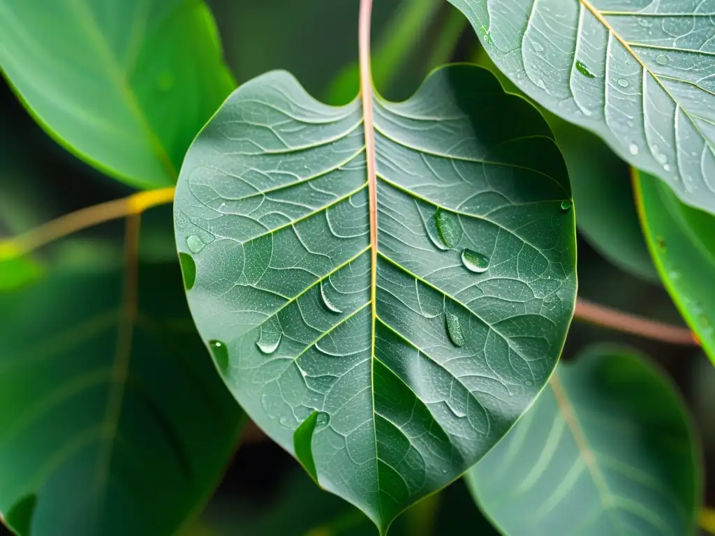 Detalle de una hoja de eucalipto con venas delicadas, brillando con gotas de agua bajo el suave sol del bosque