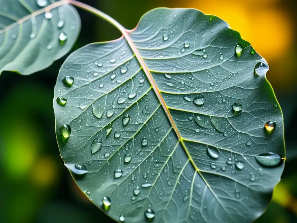 Detalle de una hoja de eucalipto verde vibrante cubierta de gotas de agua, iluminada por el sol