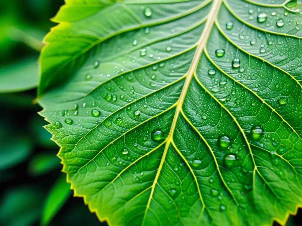 Detalle de hoja verde con gotas de agua, resaltando beneficios de los flavonoides para respiración