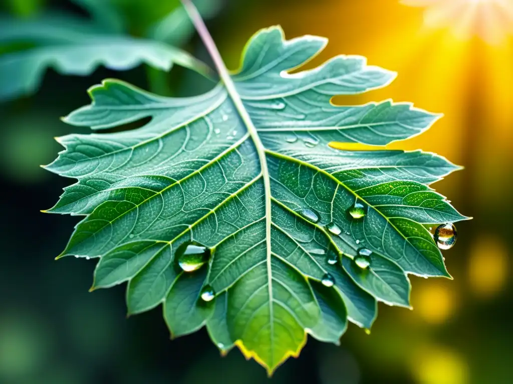 Detalle de una hoja verde vibrante con gotas de agua brillantes, resaltando su textura y cualidades translúcidas