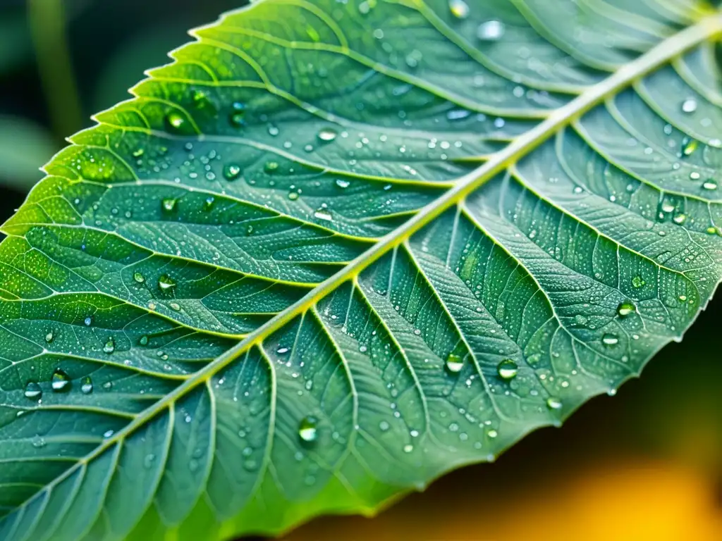 Detalle en alta definición de una hoja verde vibrante con venas intrincadas y gotas de rocío