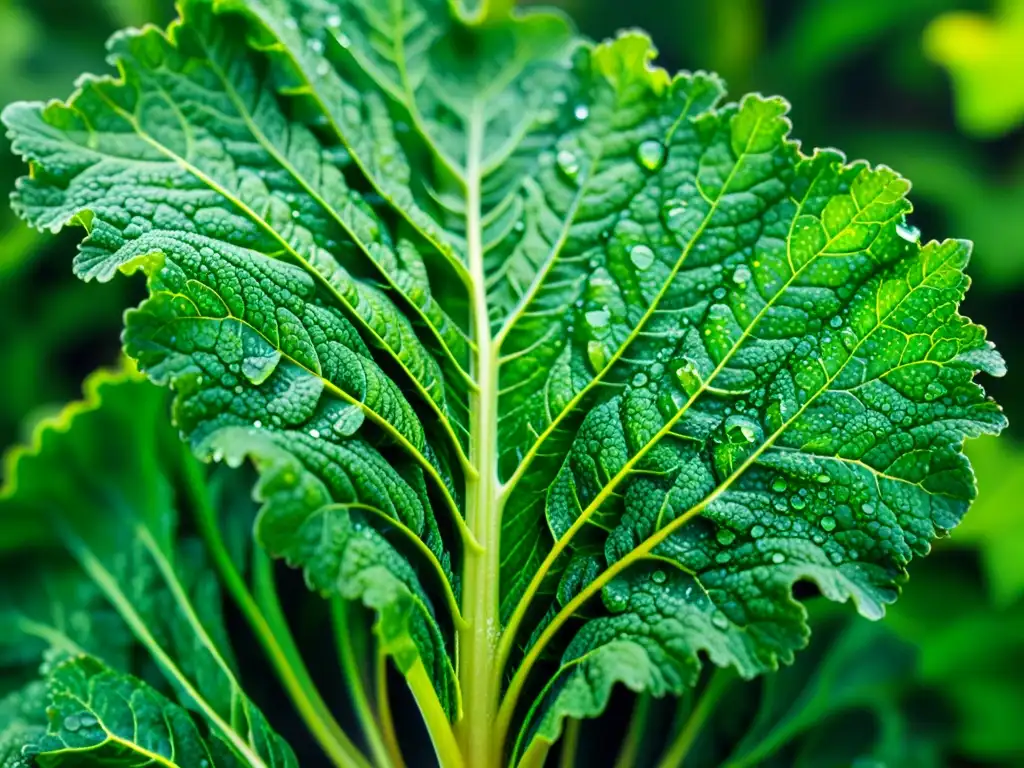 Detalle de hojas de kale verde vibrante con gotas de agua, evocando frescura y los beneficios de alimentos limpiar regenerar tejido pulmonar