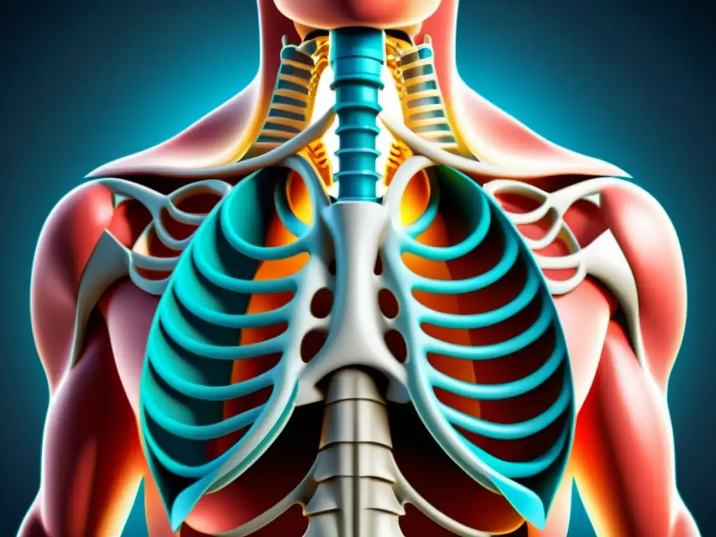 Detalle ilustrado de la biomecánica de la respiración, mostrando el diafragma y la caja torácica para mejorar función pulmonar