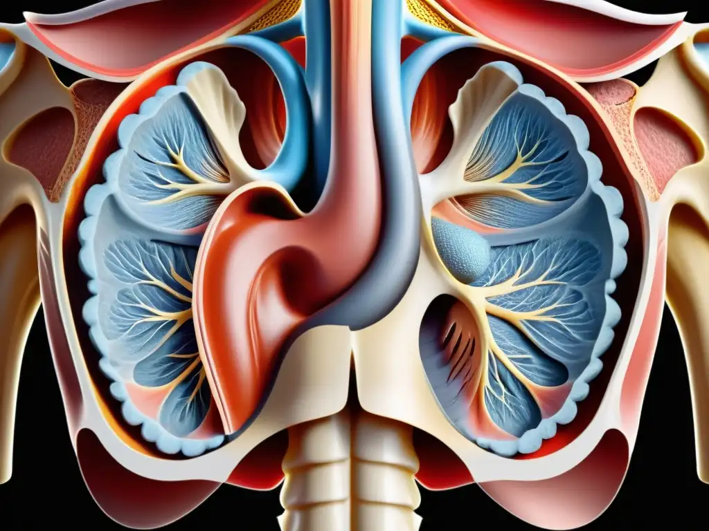 Detalle ilustrado del músculo diafragma humano en sección transversal, resaltando su anatomía y fisiología