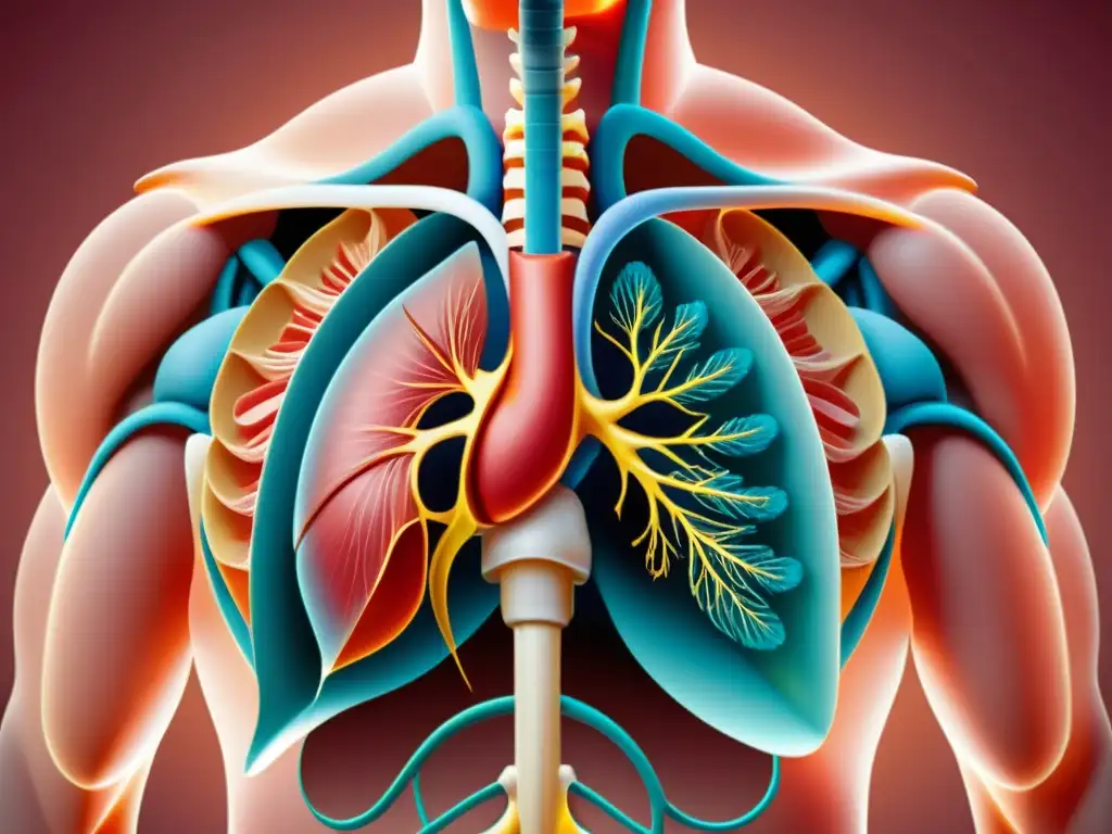 Detalle ilustrado del músculo diafragma en el cuerpo humano, destacando su estructura domada y su importancia en la respiración