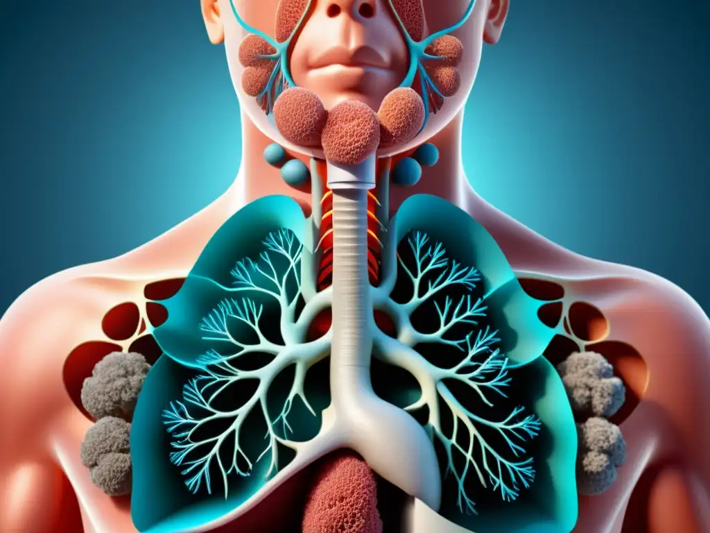 Detalle ilustrado del sistema respiratorio humano, mostrando vías respiratorias, pulmones y diafragma