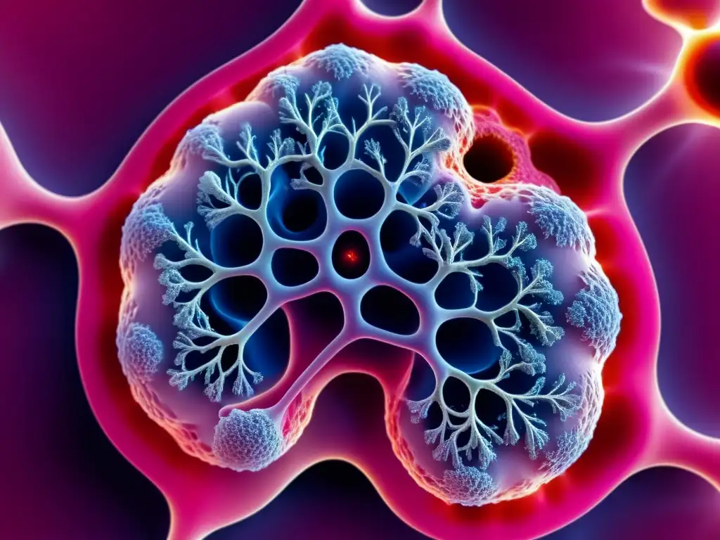 Detalle impresionante de los alvéolos pulmonares, destacando su red intricada y el intercambio de gases