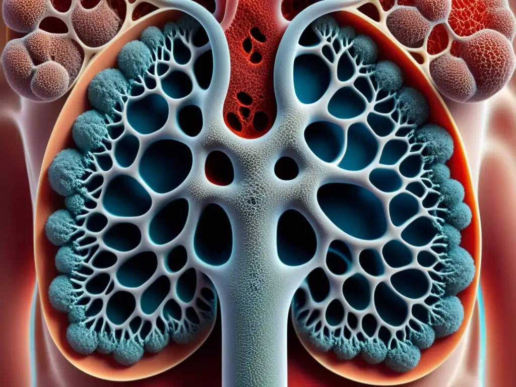 Detalle impresionante de los alvéolos pulmonares, mostrando el intercambio de oxígeno y dióxido de carbono