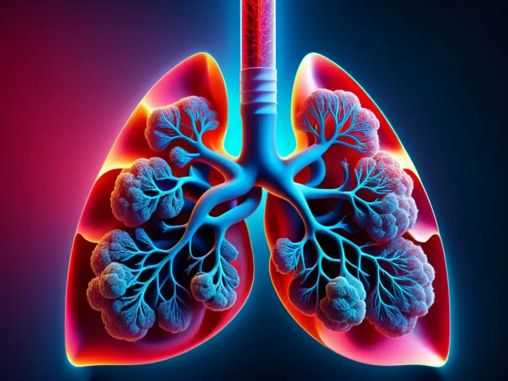 Detalle impresionante de unos pulmones humanos, con alvéolos y bronquios