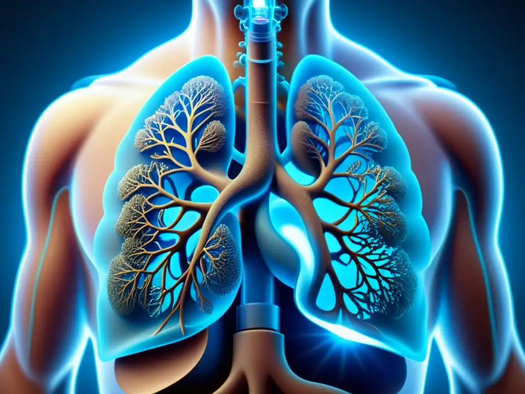 Detalle impresionante de pulmones humanos iluminados en azul, destacando la compleja red de bronquios y alvéolos