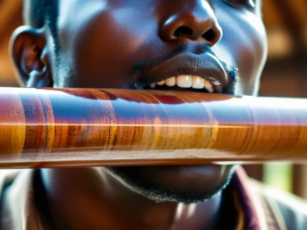 Labios y didgeridoo: vibraciones ancestrales Detalle de labios tocando un didgeridoo, destacando beneficios salud respiratoria del instrumento