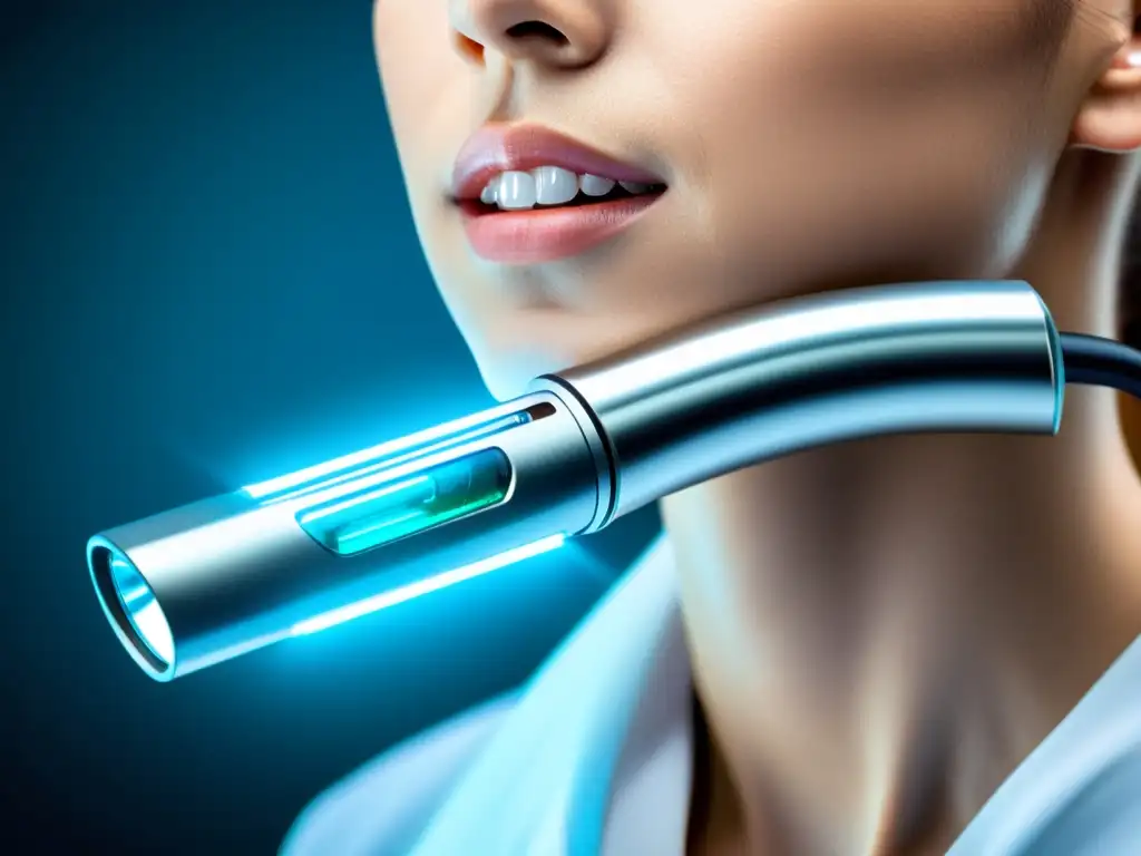 Laringoscopio de última generación: precisión y tecnología avanzada Detalle de laringoscopio moderno con iluminación LED, revelando la anatomía detallada de la vía aérea
