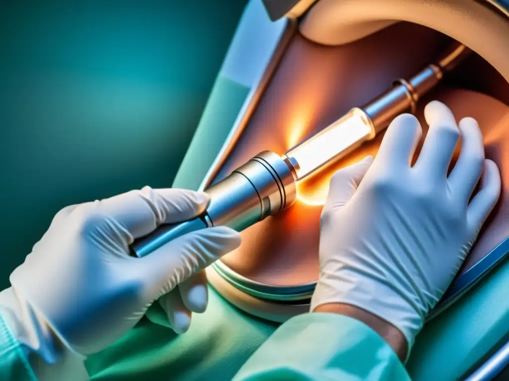 Intubación precisa: Detalles del laringoscopio moderno en acción Detalle de laringoscopio moderno en uso para intubar paciente, con énfasis en la precisión y manejo vía aérea difícil técnicas