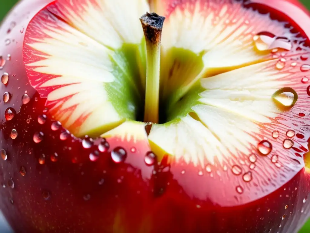 Detalle de una manzana roja partida, con semillas, piel y gotas de agua