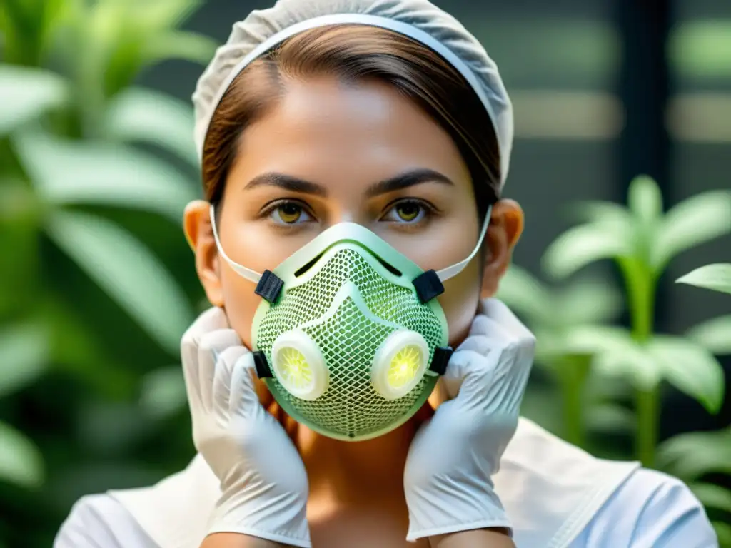 Detalle de mascarilla respiratoria sostenible con materiales ecológicos, sostenida por persona con guantes ecológicos, en laboratorio ecofriendly