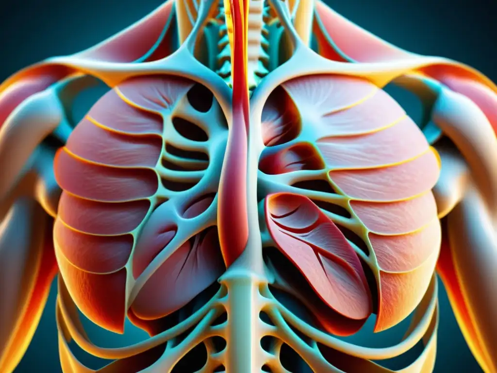 Detalle en 8k de la mecánica respiratoria: músculos, costillas y su interacción para la respiración