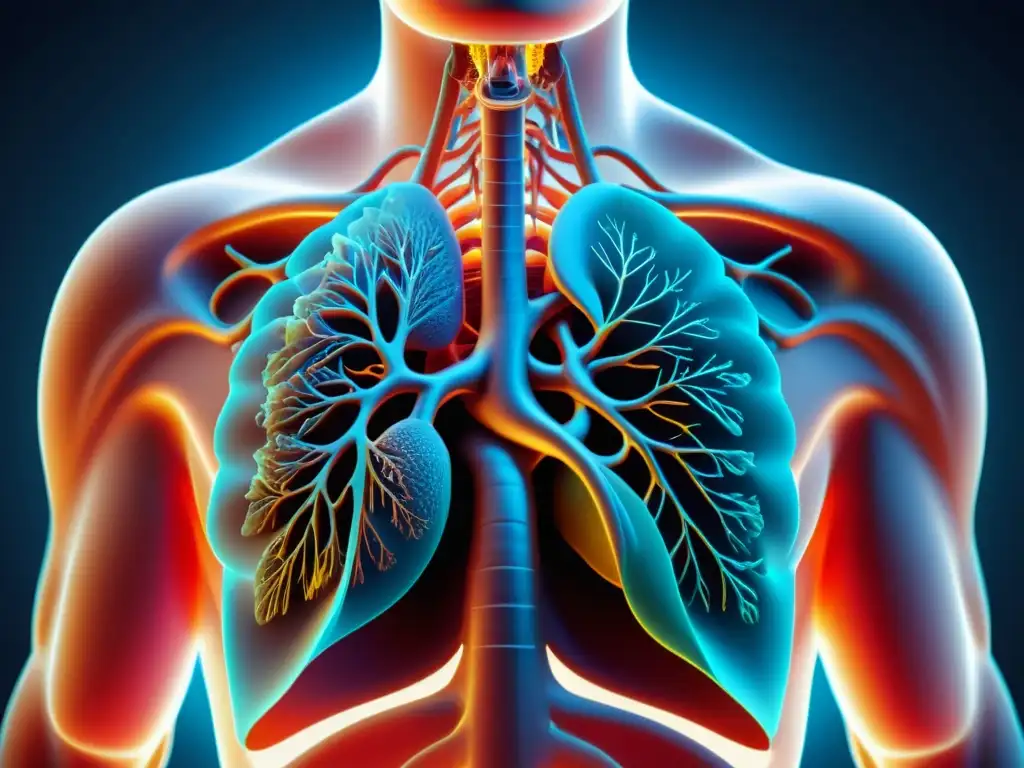 Detalle en 8k del mediastino respiratorio, destacando su función protectora de las estructuras respiratorias en el pecho