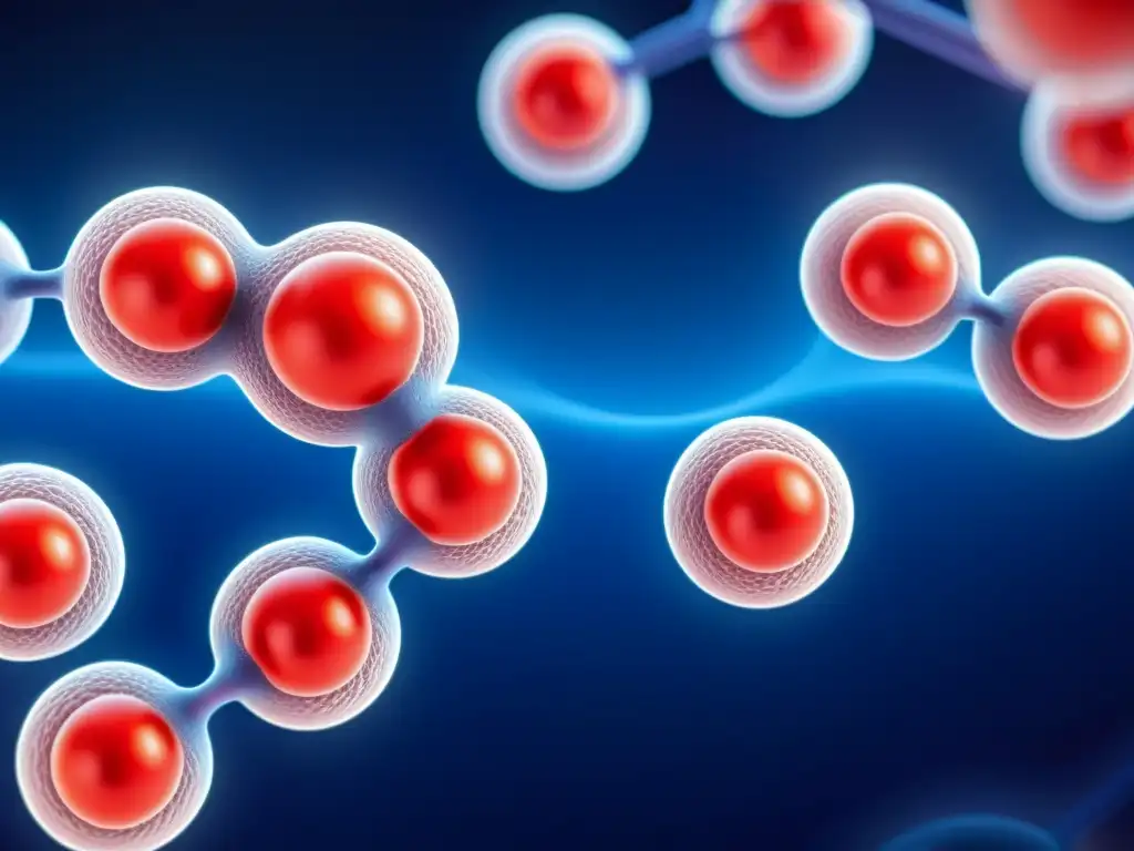 Detalle microscópico de glóbulos rojos transportando oxígeno a través de moléculas de hemoglobina ricas en hierro