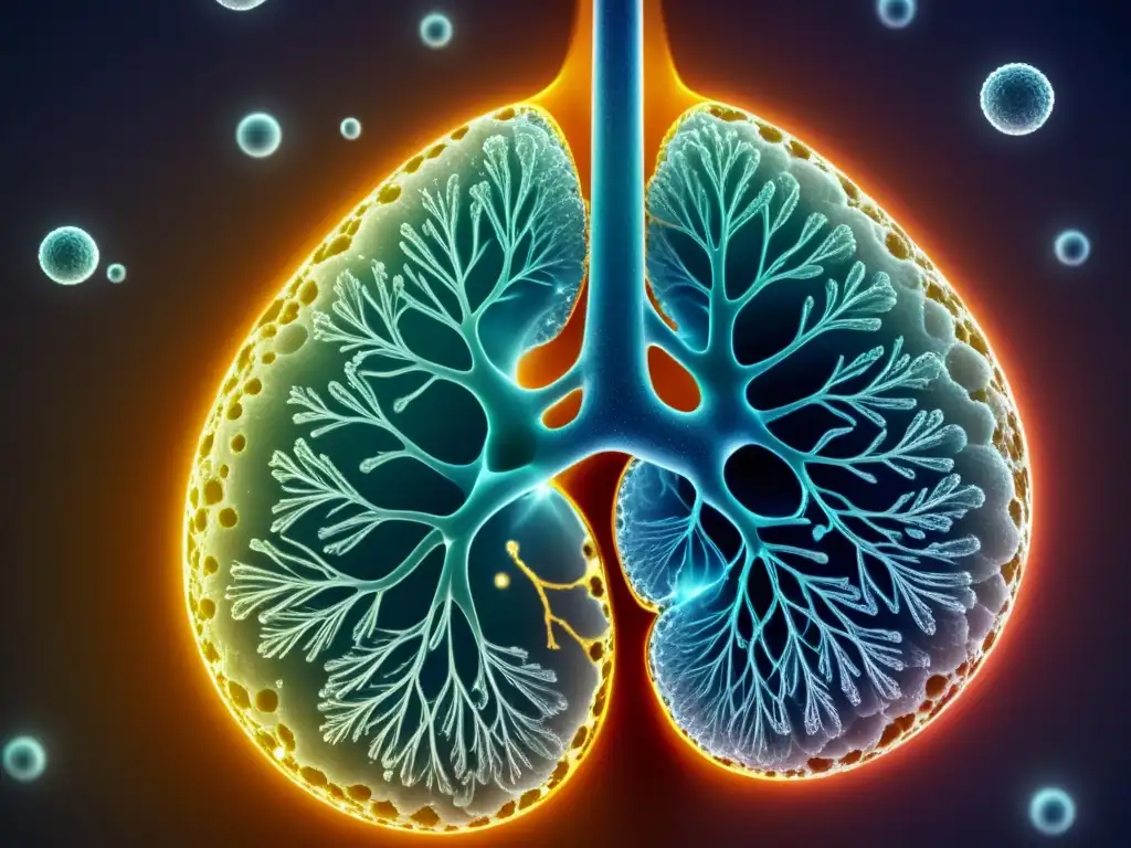 Detalle microscópico de nanopartículas medicina respiratoria administración fármacos, interactuando con tejido pulmonar a nivel celular