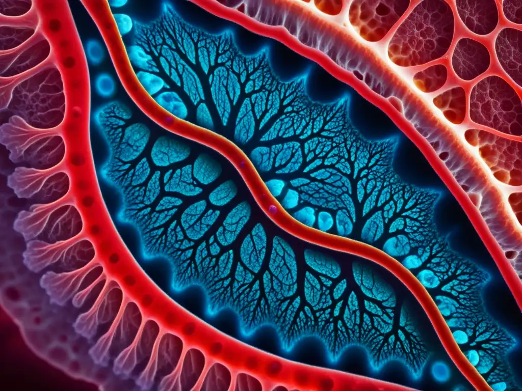 Detalle microscópico de tejido pulmonar sano, mostrando la red de alvéolos y vasos sanguíneos