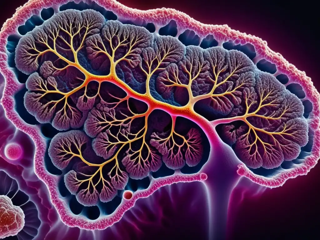 Detalle microscópico del tejido pulmonar sano, resaltando la complejidad y vitalidad