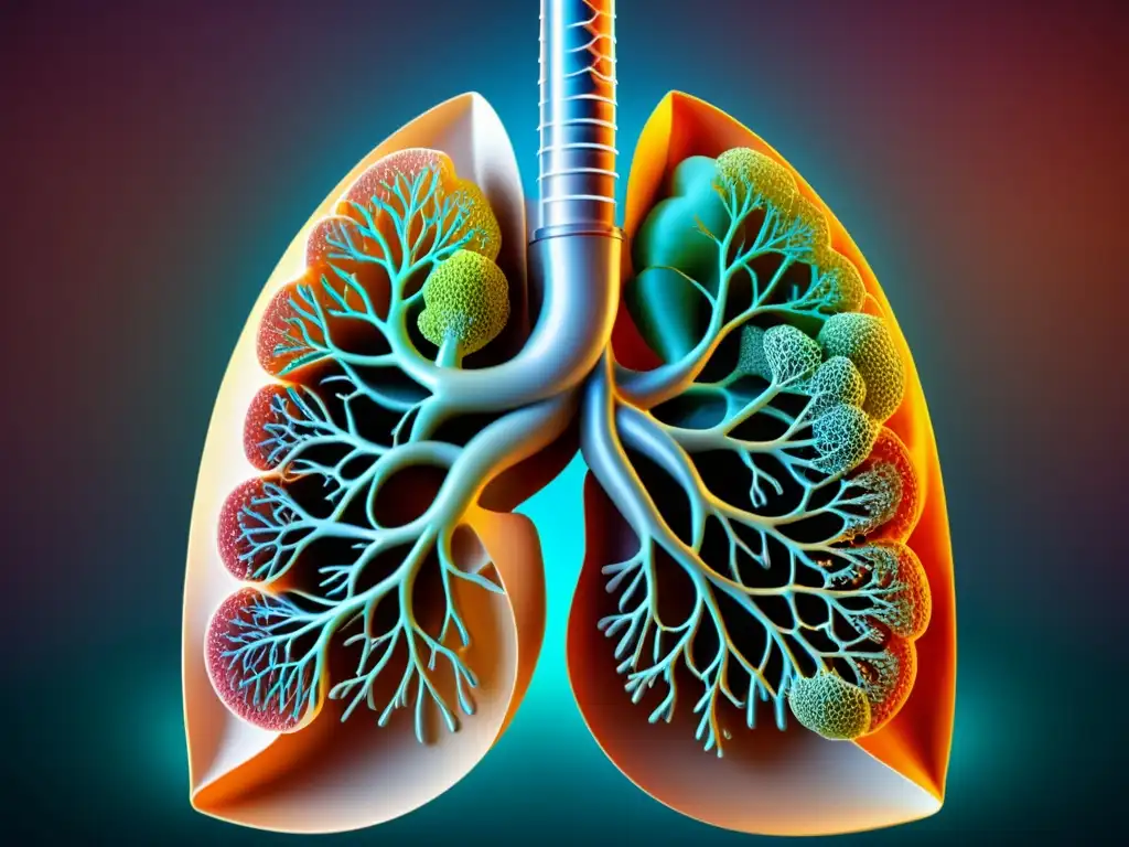 Detalle de modelo pulmonar humano, mostrando la compleja red de bronquios y alvéolos, resaltando la estructura y función del sistema respiratorio