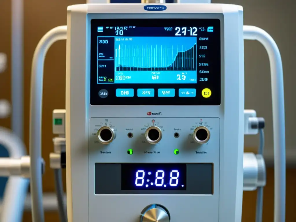 Detalle de un moderno ventilador mecánico en un hospital, destacando su ingeniería de precisión y monitoreo avanzado