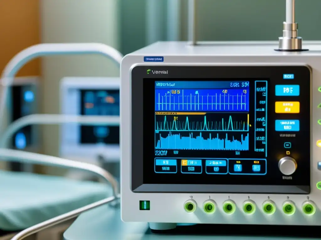 Detalle de un moderno ventilador mecánico en funcionamiento en un entorno hospitalario, mostrando precisión y tecnología avanzada en la ventilación mecánica de emergencia