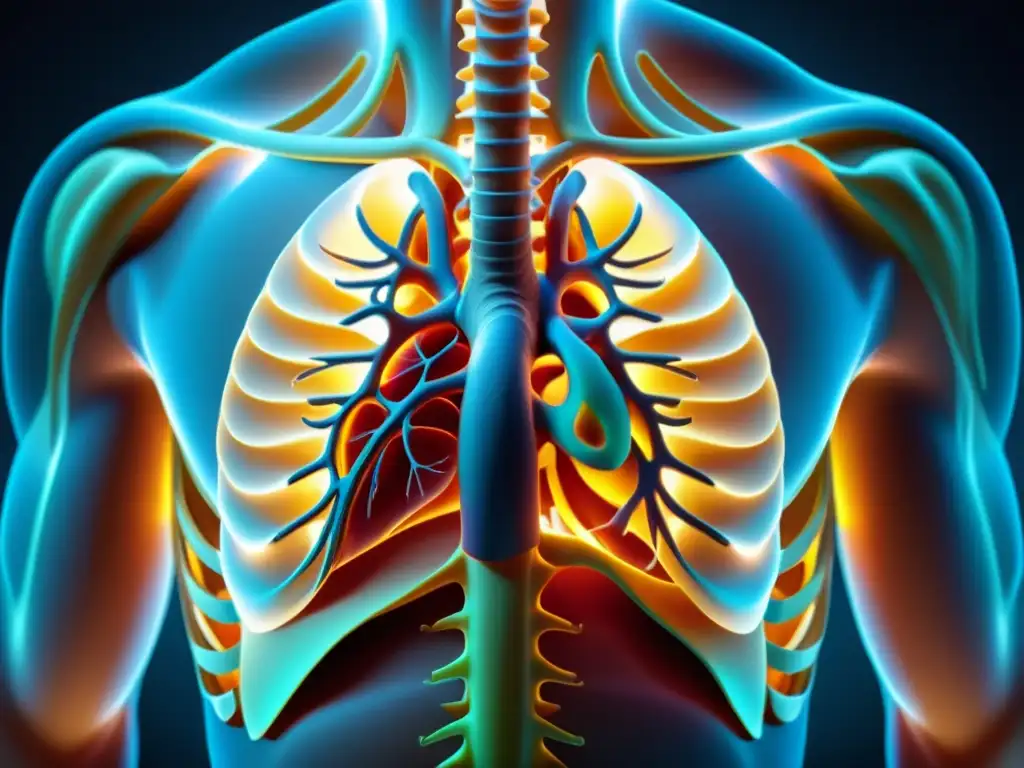 Detalle 8k de la protección de órganos respiratorios en la cavidad torácica, resaltando la estructura anatómica con iluminación impactante