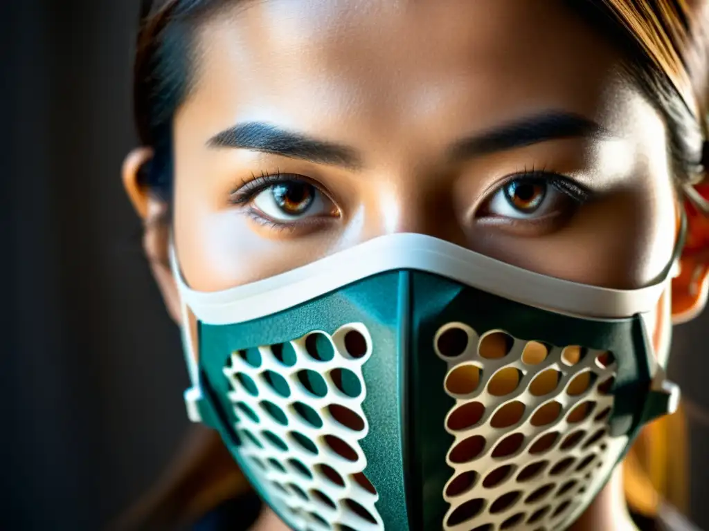 Detalle de una persona con mascarilla protectora, mostrando determinación y preparación