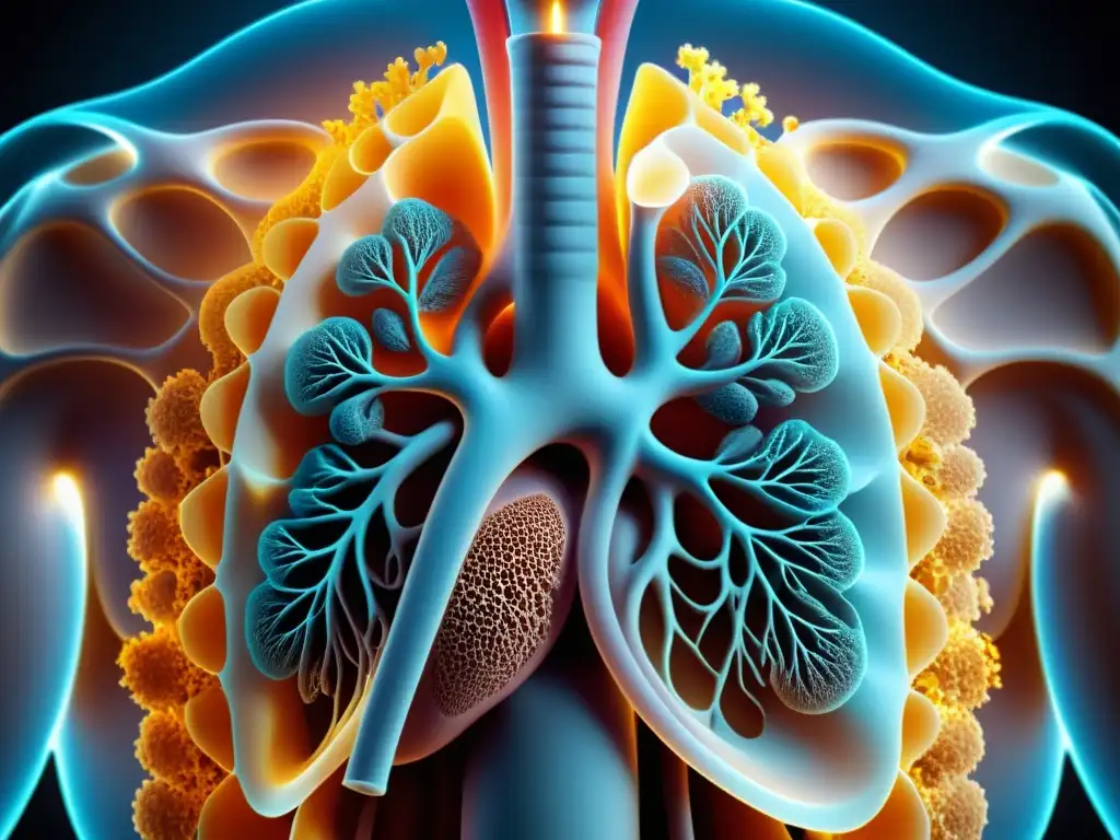 Detalle de los pulmones y diafragma humano en 3D, ilustrando la respiración consciente