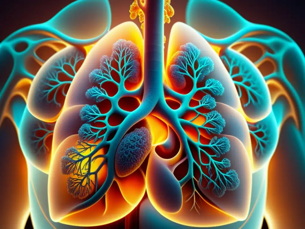 Detalle de los pulmones humanos iluminados, mostrando la complejidad del sistema respiratorio