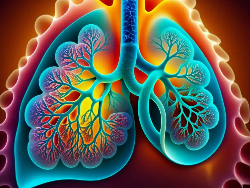 Detalle de pulmones sanos, mostrando su compleja red de bronquios y alvéolos en colores vivos