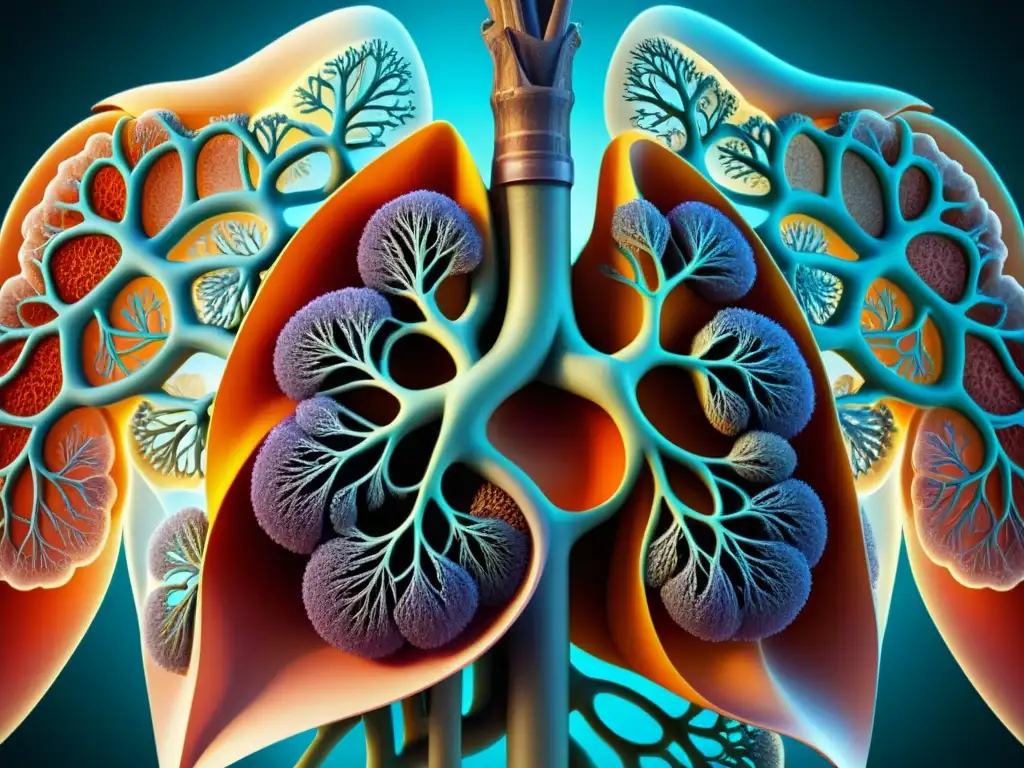 Detalle de pulmones sanos, con redes bronquiales y alvéolos, en colores vibrantes y texturas precisas, transmitiendo vitalidad y complejidad