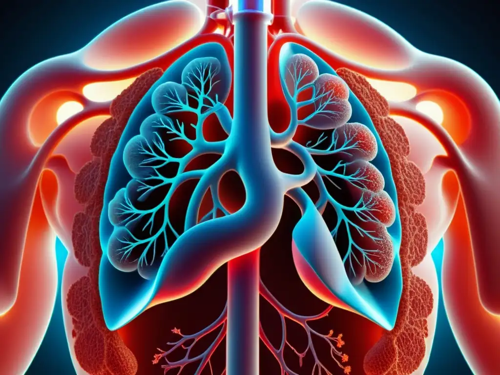 Detalle realista de la compleja anatomía pulmonar, resaltando su vital importancia en el intercambio gaseoso