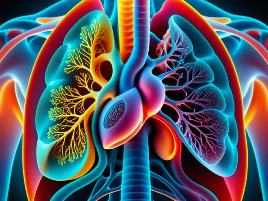 Detalle realista de los pulmones y diafragma en vibrantes colores, mostrando el proceso de respiración y control vocal