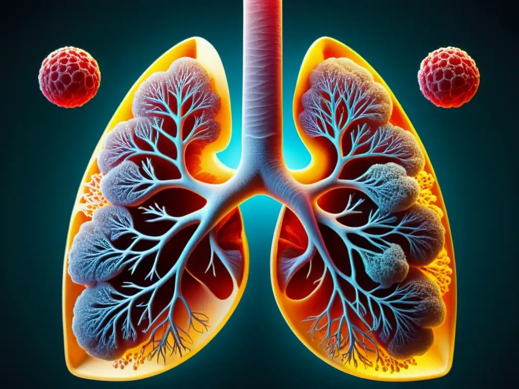 Detalle realista de pulmones humanos con red vascular, alvéolos y bronquios