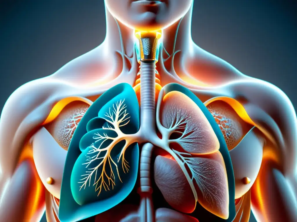 Anatomía respiratoria en canto gregoriano Detalle de una respiración profunda controlada durante el canto gregoriano, resaltando los beneficios respiratorios