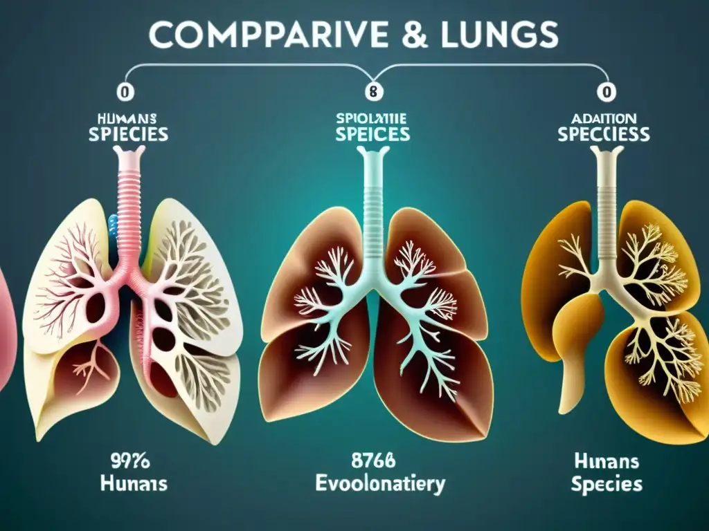 Detalle 8k de la evolución de la respiración pulmonar en diferentes especies, con anotaciones y colores vibrantes