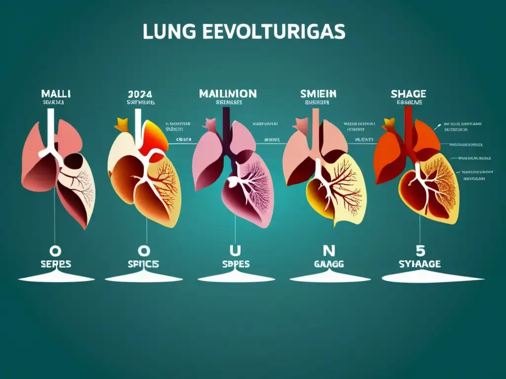 Detalle de evolución de la respiración pulmonar en distintas especies a lo largo de millones de años, con diagramas anotados y precisos