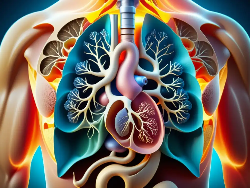 Detalle de la sección transversal del torso humano con síndrome de hipoventilación por obesidad