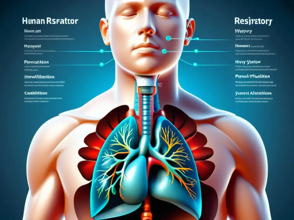 Detalle de ilustración médica del sistema respiratorio humano, destacando causas de hiperventilación como ansiedad, ataques de pánico, asma y condiciones cardíacas o pulmonares