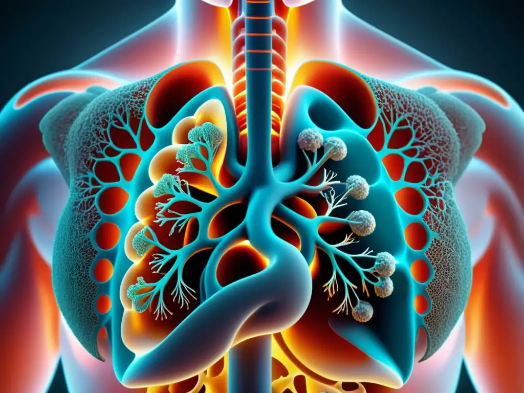 Detalle 8k del sistema respiratorio humano, mostrando pulmones, bronquios y alvéolos en una representación científica