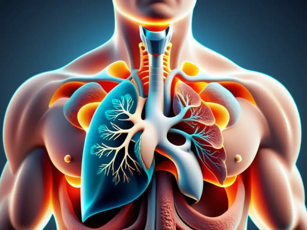 Detalle 8k del sistema respiratorio humano resaltando la biomecánica de la respiración y postura, con énfasis en el diafragma y músculos intercostales