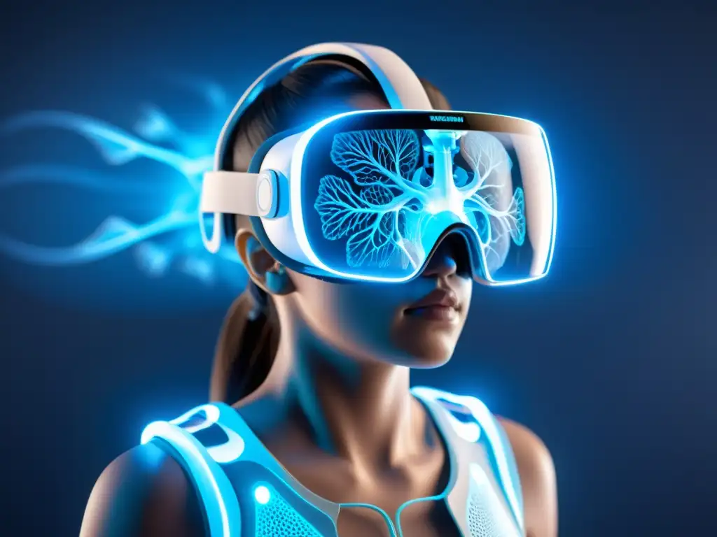 Detalle de sistema respiratorio en realidad virtual, mostrando beneficios terapia respiratoria realidad virtual con tecnología avanzada y futurista