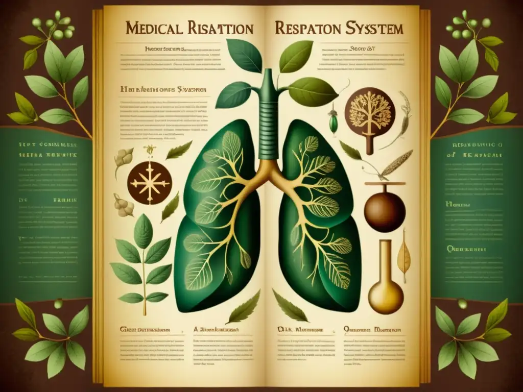 Detalle de ilustración histórica de texto médico con teorías de respiración, diagramas y dibujos botánicos de pulmones y sistema respiratorio