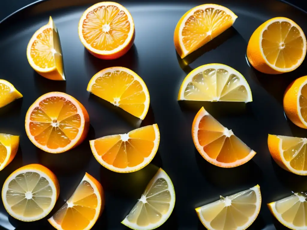 Detalle ultra vibrante de rodajas de naranja en un elegante plato negro, resaltando los beneficios de las frutas cítricas para la salud respiratoria