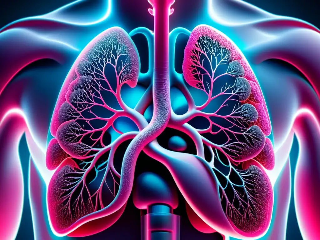 Detalle ultrarrealista de pulmones sanos resaltando la importancia del magnesio en la prevención de espasmos bronquiales