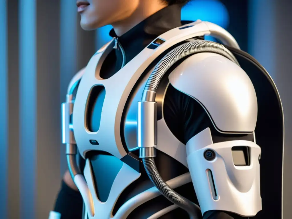 Dispositivo respiratorio futurista: innovación y precisión Detalle de vanguardia en exoesqueleto respiratorio, resalta innovación y precisión tecnológica