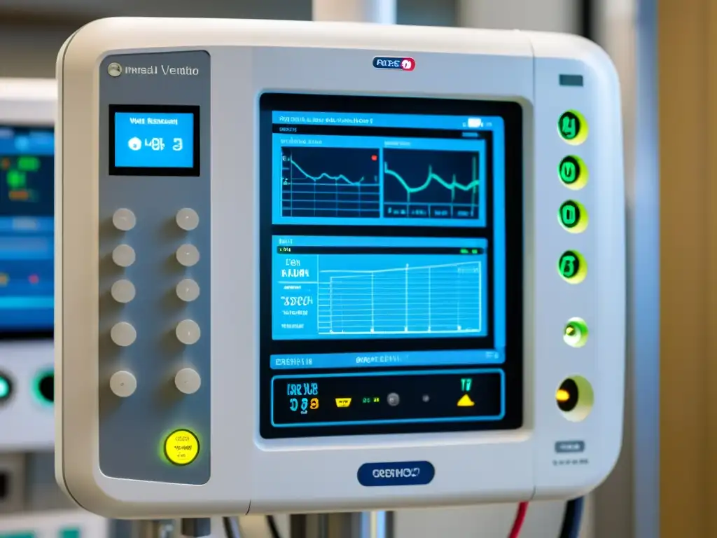 Detalle de un ventilador mecánico de última generación en un hospital, mostrando tecnología avanzada en la ventilación mecánica en respiración